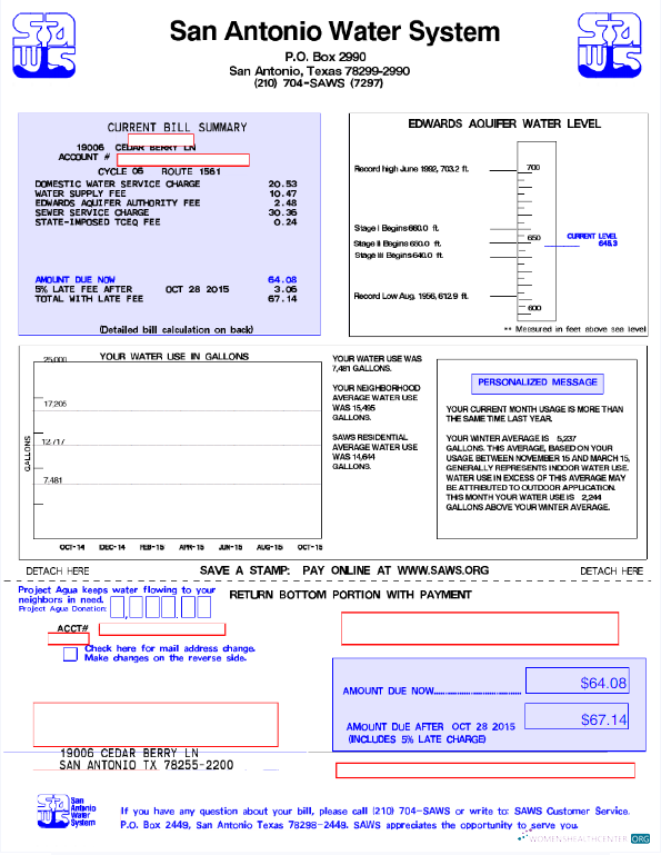 download download USA SAN ANTONIO WATER SYSTEM utility bill Word and PDF template PDF template PDF template